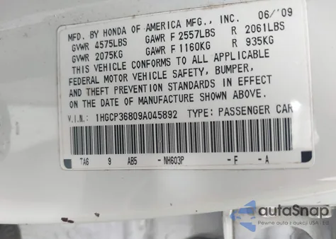 2009 Honda Accord Sdn 3.5 Ex-L z USA, uszkodzony, nr VIN 1HGCP36809A045892